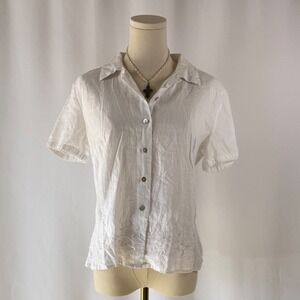 Edward Linen Embroidered Short Sleeve Button Up Shirt Women Size S White